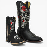Botas Cuadrada Negro con Flores Rojas y Ringle - Sidney - A&A Boots