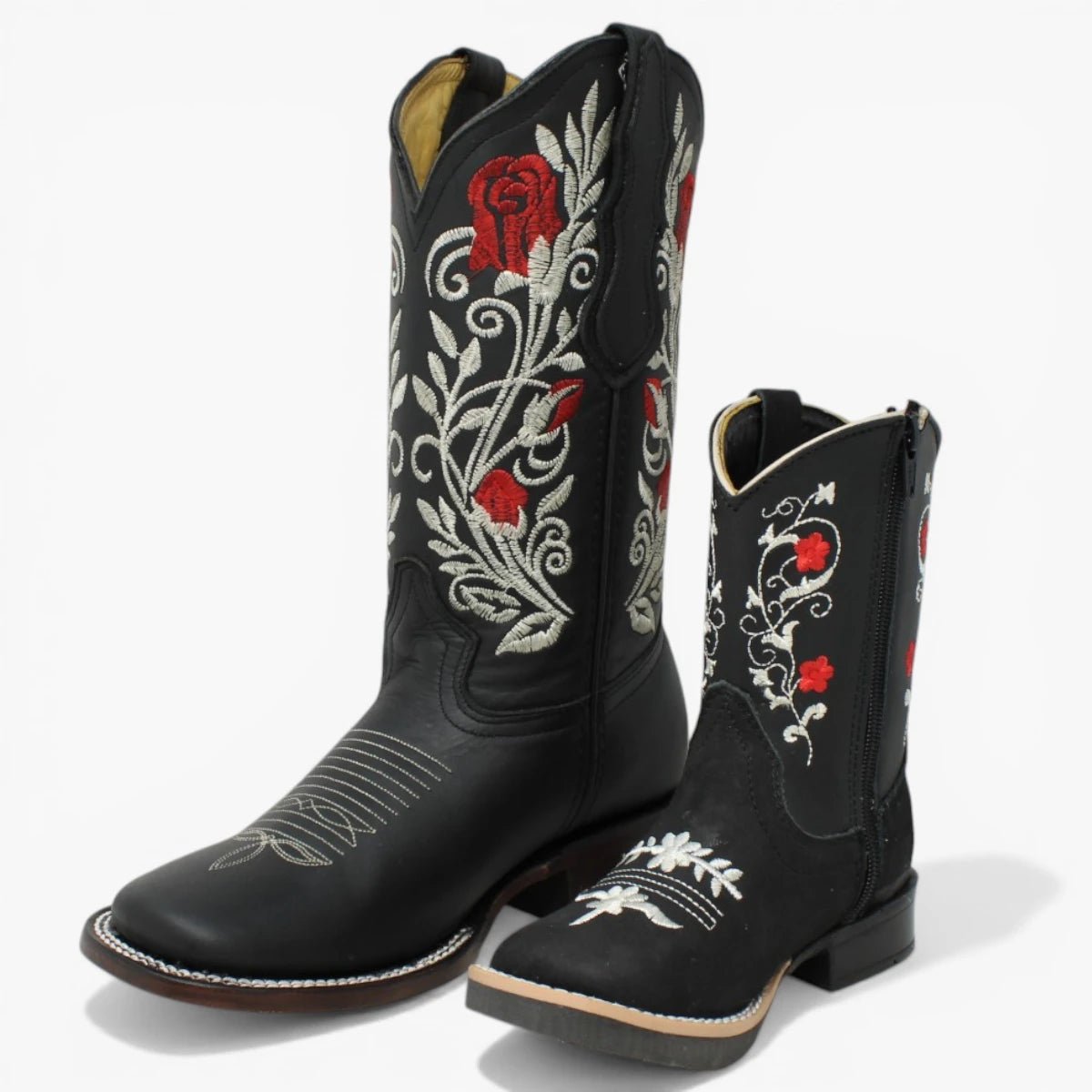 Botas Cuadrada Negro con Flores Rojas y Ringle - Sidney - A&A Boots