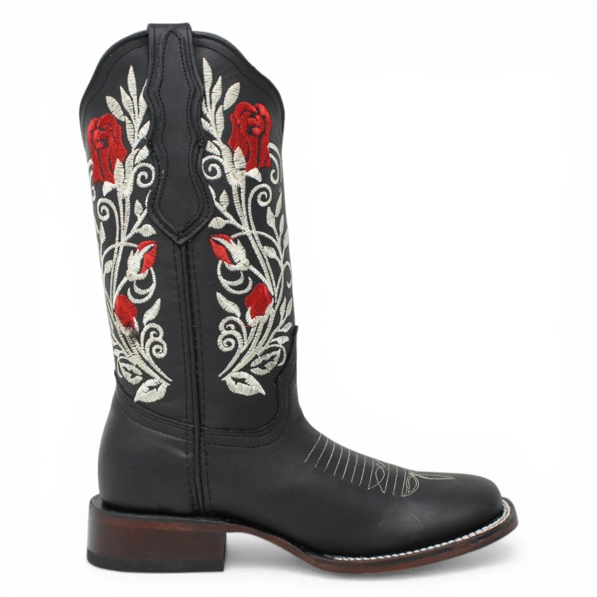 Botas Cuadrada Negro con Flores Rojas y Ringle - Sidney - A&A Boots