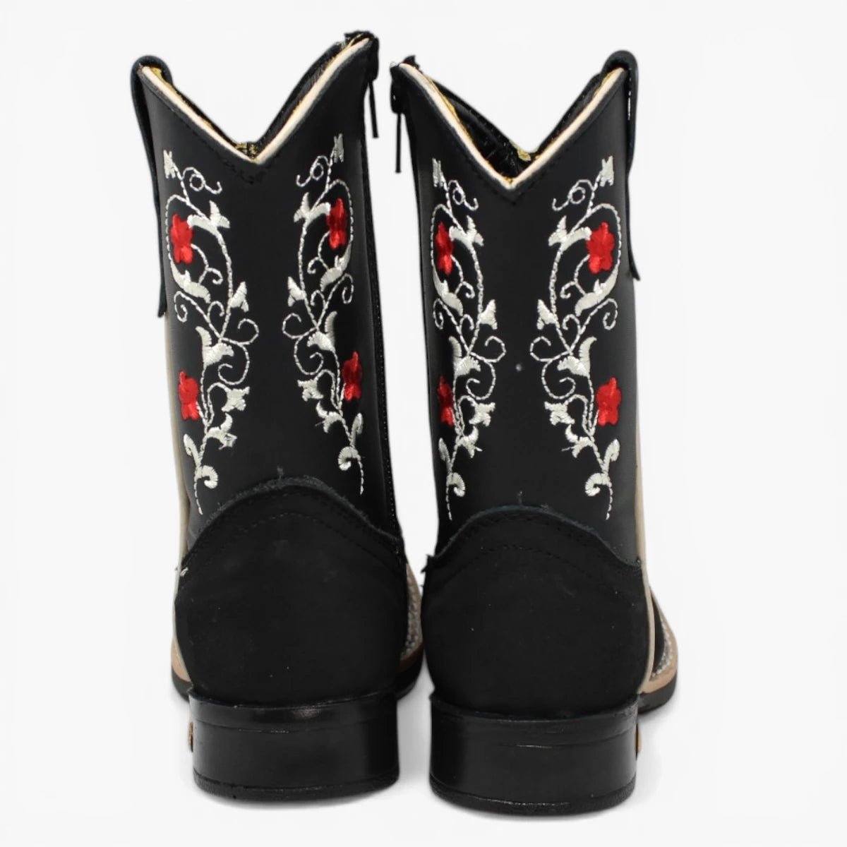 Botas Cuadrada Negro con Flores Rojas y Ringle - Sidney - A&A Boots