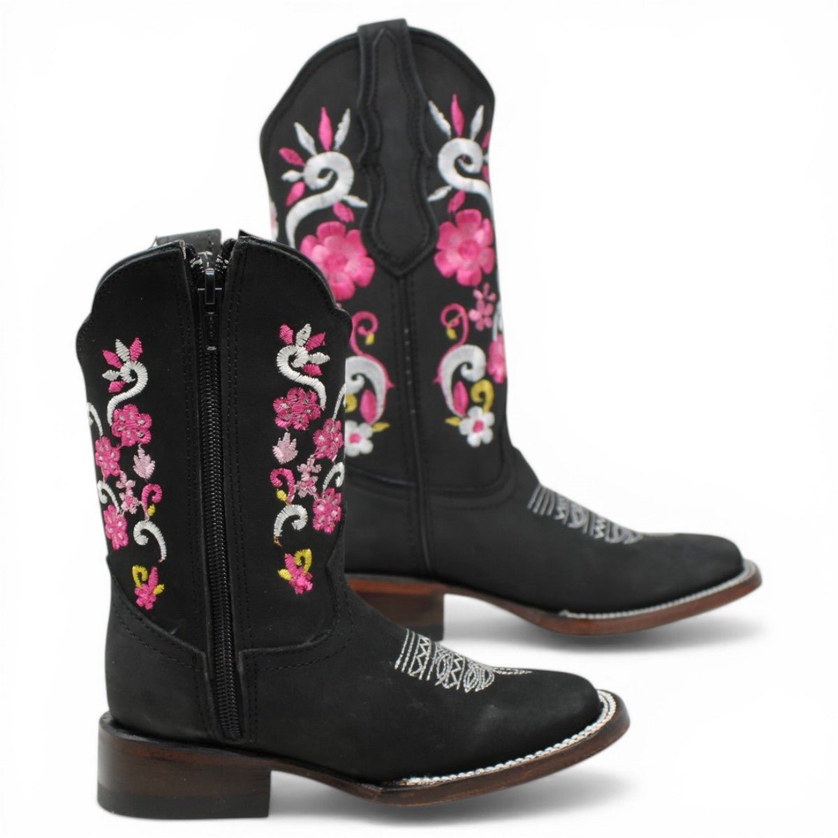Botas Cuadrada Negro con Flores Rosas y Ringle - A&A Boots - A&A Boots