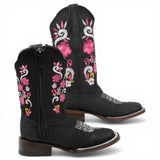 Botas Cuadrada Negro con Flores Rosas y Ringle - A&A Boots - A&A Boots