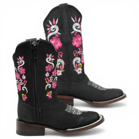 Botas Cuadrada Negro con Flores Rosas y Ringle - A&A Boots - A&A Boots
