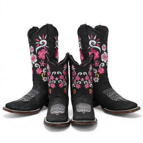 Botas Cuadrada Negro con Flores Rosas y Ringle - A&A Boots - A&A Boots