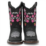 Botas Cuadrada Negro con Flores Rosas y Ringle - A&A Boots - A&A Boots