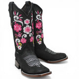 Botas Cuadrada Negro con Flores Rosas y Ringle - A&A Boots - A&A Boots