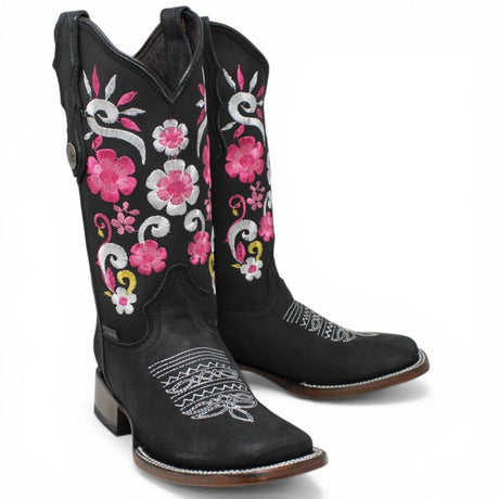 Botas Cuadrada Negro con Flores Rosas y Ringle - A&A Boots - A&A Boots
