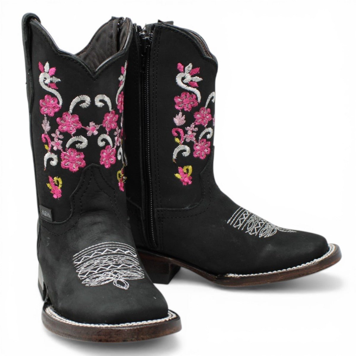 Botas Cuadrada Negro con Flores Rosas y Ringle - A&A Boots - A&A Boots