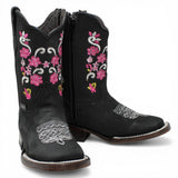 Botas Cuadrada Negro con Flores Rosas y Ringle - A&A Boots - A&A Boots