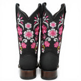 Botas Cuadrada Negro con Flores Rosas y Ringle - A&A Boots - A&A Boots