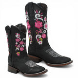 Botas Cuadrada Negro con Flores Rosas y Ringle - A&A Boots - A&A Boots