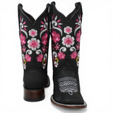 Botas Cuadrada Negro con Flores Rosas y Ringle - A&A Boots - A&A Boots