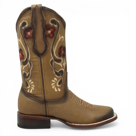 Botas Cuadrada Tan con Flores Rojas y Ringle - Bandida - A&A Boots
