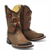 Botas Cuadrada Tan con Flores Rojas y Ringle - Bandida - A&A Boots