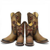Botas Cuadrada Tan con Flores Rojas y Ringle - Bandida - A&A Boots
