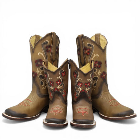 Botas Cuadrada Tan con Flores Rojas y Ringle - Bandida - A&A Boots