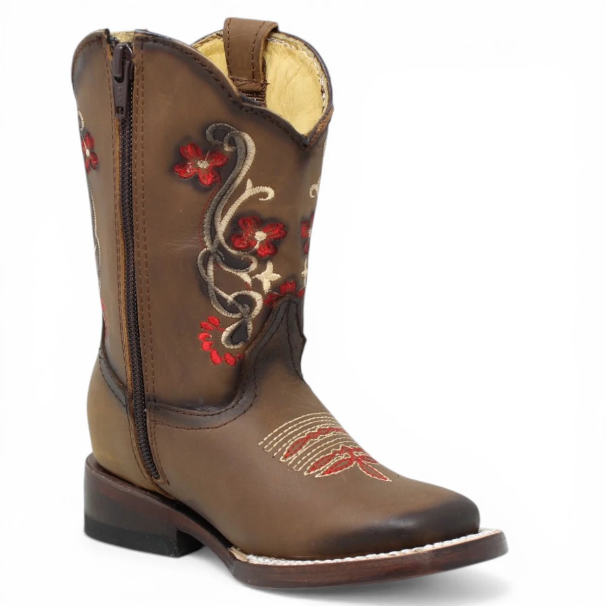 Botas Cuadrada Tan con Flores Rojas y Ringle - Bandida - A&A Boots