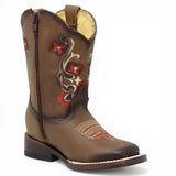 Botas Cuadrada Tan con Flores Rojas y Ringle - Bandida - A&A Boots