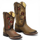 Botas Cuadrada Tan con Flores Rojas y Ringle - Bandida - A&A Boots