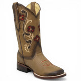 Botas Cuadrada Tan con Flores Rojas y Ringle - Bandida - A&A Boots