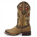 Botas Cuadrada Tan con Flores Rojas y Ringle - Bandida - A&A Boots