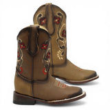 Botas Cuadrada Tan con Flores Rojas y Ringle - Bandida - A&A Boots