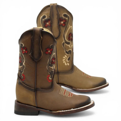 Botas Cuadrada Tan con Flores Rojas y Ringle - Bandida - A&A Boots
