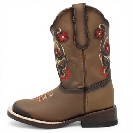 Botas Cuadrada Tan con Flores Rojas y Ringle - Bandida - A&A Boots