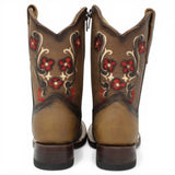 Botas Cuadrada Tan con Flores Rojas y Ringle - Bandida - A&A Boots