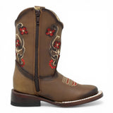 Botas Cuadrada Tan con Flores Rojas y Ringle - Bandida - A&A Boots