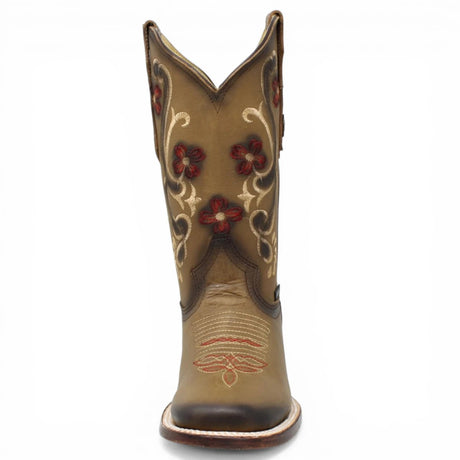 Botas Cuadrada Tan con Flores Rojas y Ringle - Bandida - A&A Boots