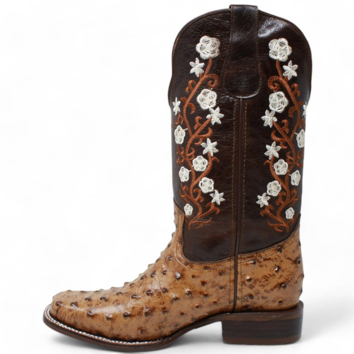 Botas de Avestruz Grabado Horma Rodeo para Mujer Color Miel WD - 499 - White Diamonds Boots