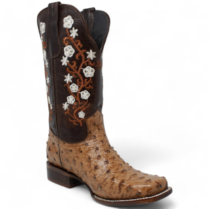 Botas de Avestruz Grabado Horma Rodeo para Mujer Color Miel WD - 499 - White Diamonds Boots