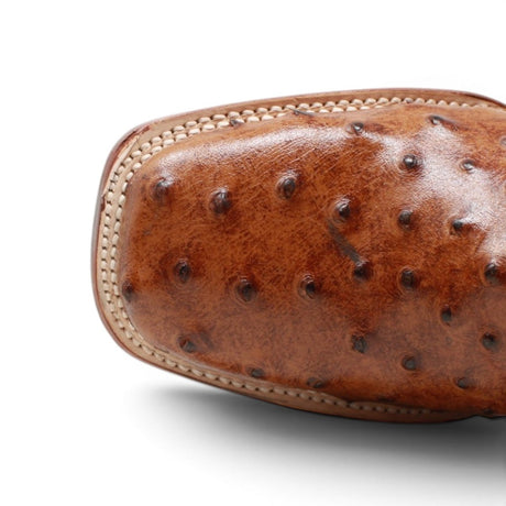 Botas de Avestruz Grabado Punta Cuadrada Color Cognac Rustico - Tanner Mark Boots - Tanner Mark Boots