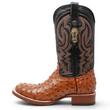 Botas de Avestruz Grabado Punta Cuadrada Color Cognac Rustico - Tanner Mark Boots - Tanner Mark Boots