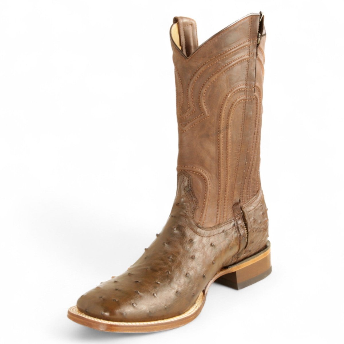 Botas de Avestruz Original Punta Rodeo Cuadrada Ancha con Zipper Color Cafe - Los Altos Boots - Los Altos Boots