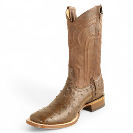 Botas de Avestruz Original Punta Rodeo Cuadrada Ancha con Zipper Color Cafe - Los Altos Boots - Los Altos Boots
