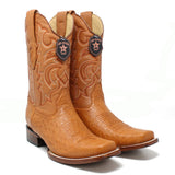 Botas de Avestruz Panza Original Punta Rodeo Cuadrada Ancha Color Miel - Los Altos Boots - Los Altos Boots