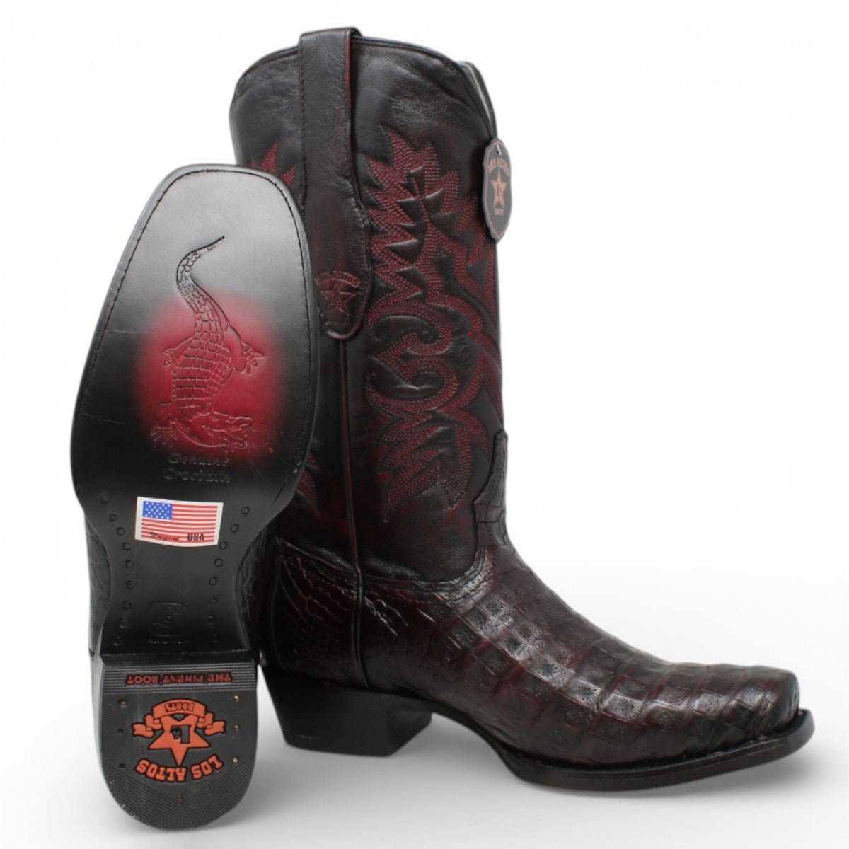 Botas de Caiman Cocodrilo Panza Original Punta 7 Cuadrada Color Negro Rojizo - Los Altos Boots - Los Altos Boots