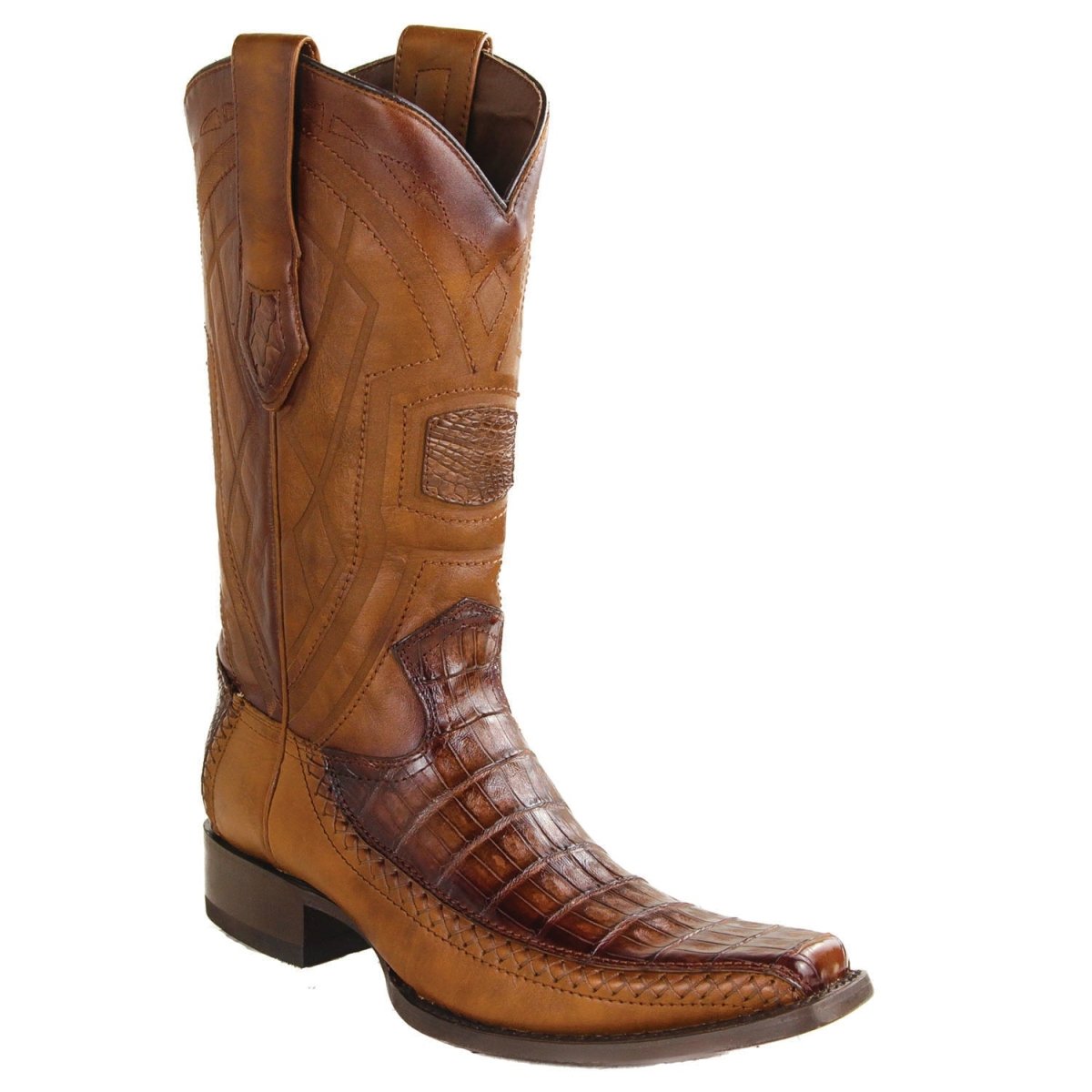 Original Caiman Crocodile Boots Square European Toe Faded Brown Color