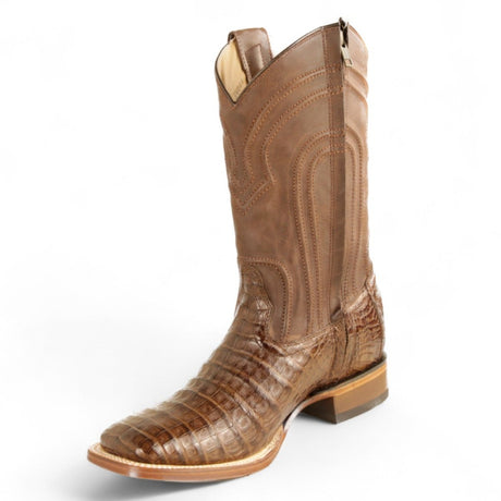 Botas de Cocodrilo Caiman Panza Original Punta Rodeo Cuadrada Ancha con Zipper Color Cafe - Los Altos Boots - Los Altos Boots