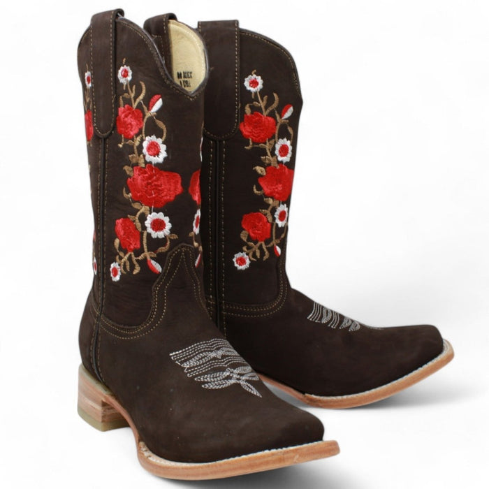 Botas de Cuero Acabado Nobuck para Dama con Bordado Cafe ROD - 41507 - Rodeo Imports