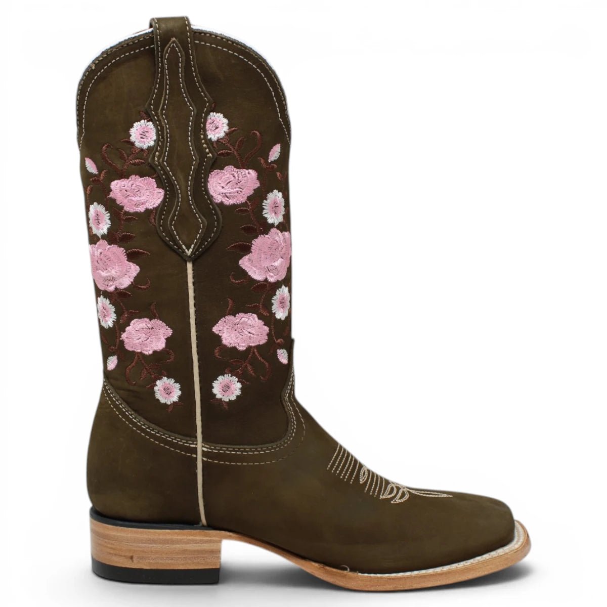 Botas de Gamuza Original Punta Rodeo Cuadrada Cafe con Rosas WD - 442 - White Diamonds Boots