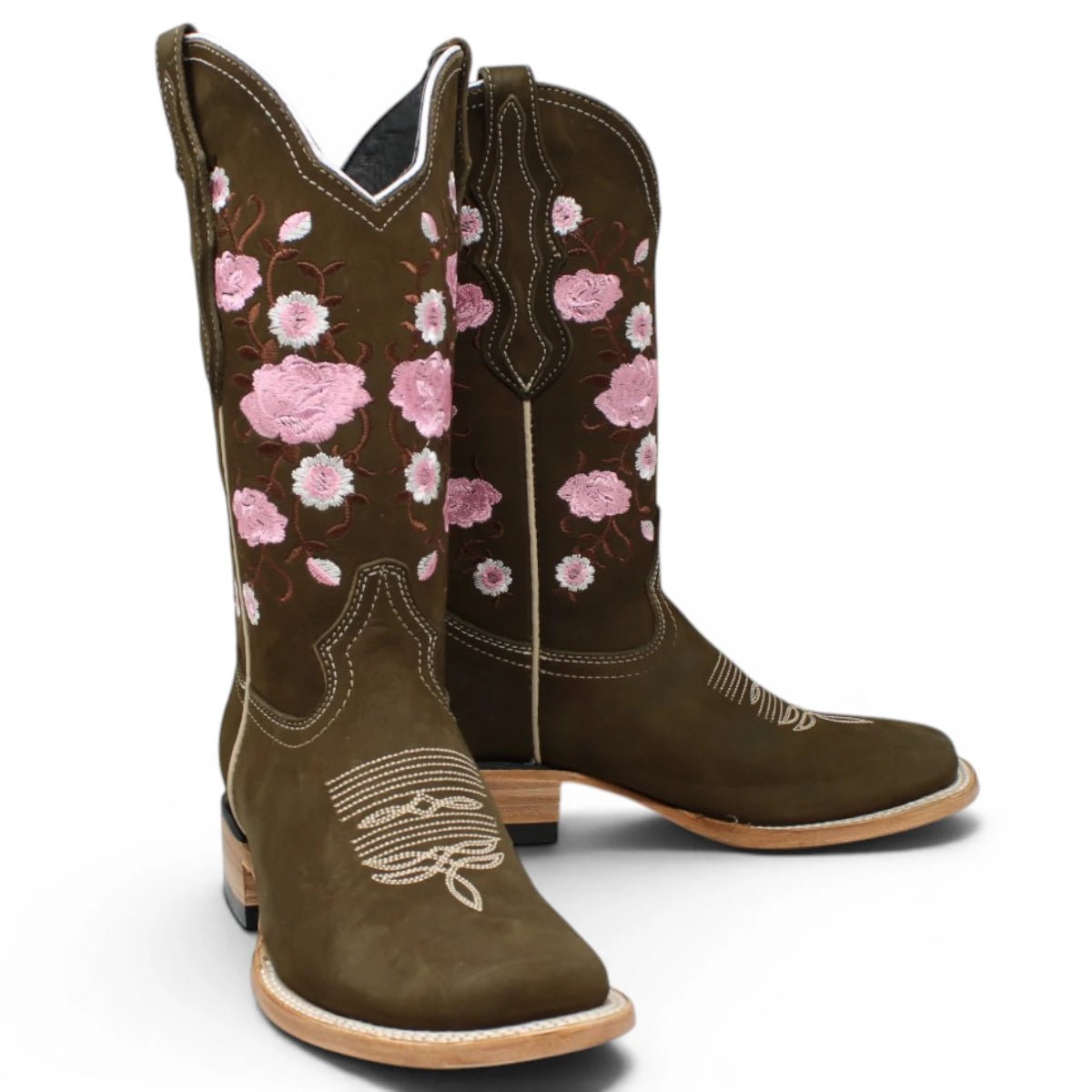 Botas de Gamuza Original Punta Rodeo Cuadrada Cafe con Rosas WD - 442 - White Diamonds Boots