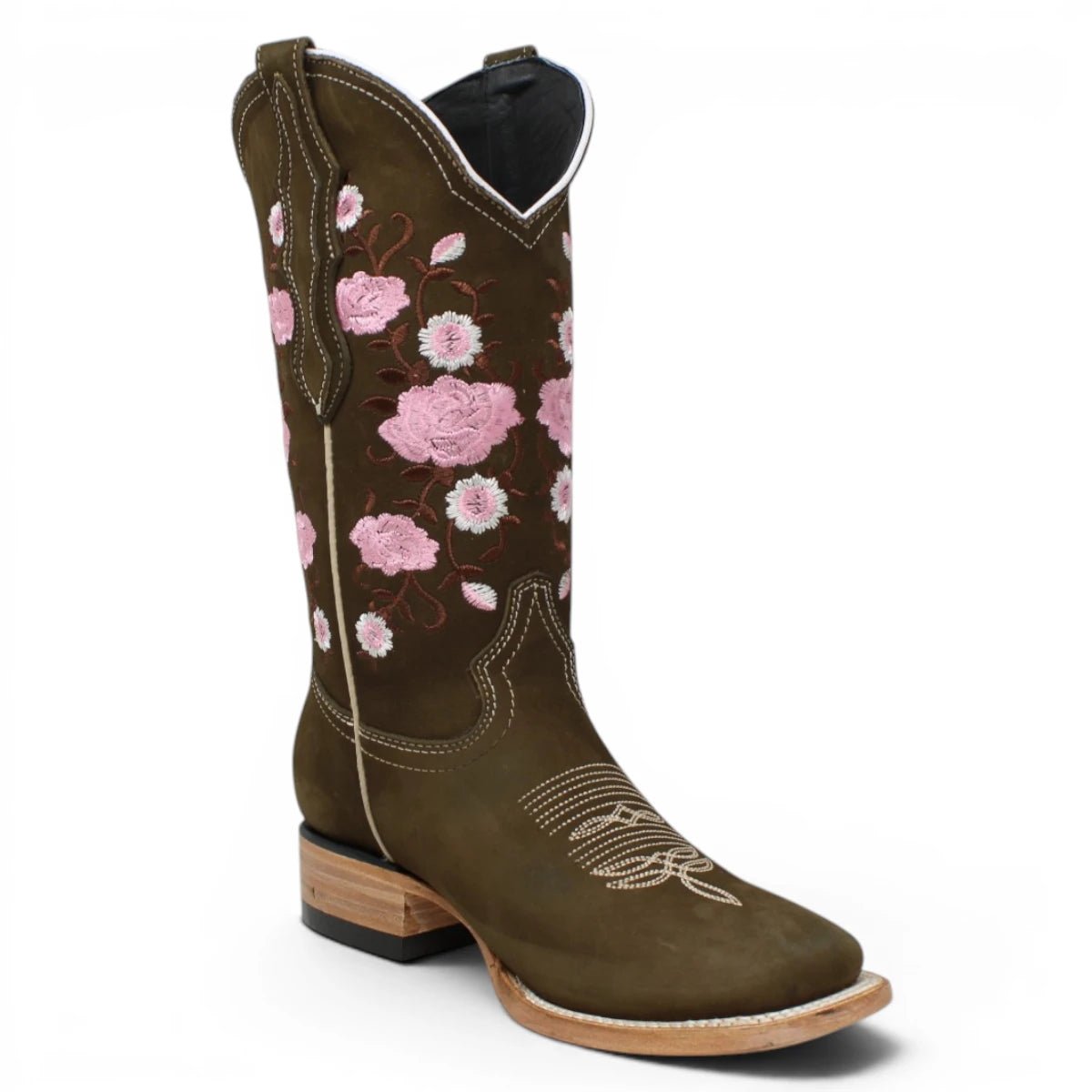 Botas de Gamuza Original Punta Rodeo Cuadrada Cafe con Rosas WD - 442 - White Diamonds Boots