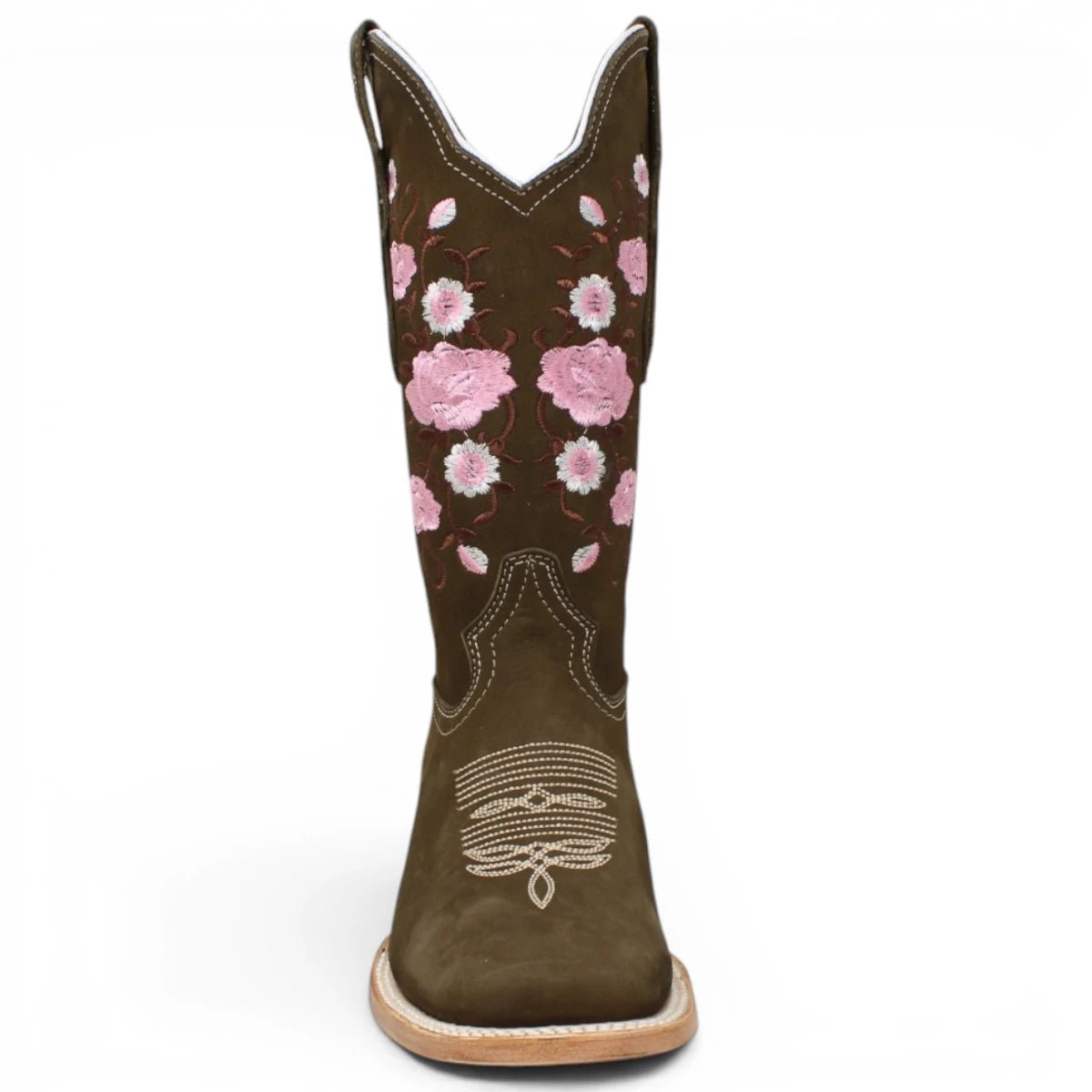 Botas de Gamuza Original Punta Rodeo Cuadrada Cafe con Rosas WD - 442 - White Diamonds Boots
