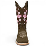 Botas de Gamuza Original Punta Rodeo Cuadrada Cafe con Rosas WD - 442 - White Diamonds Boots