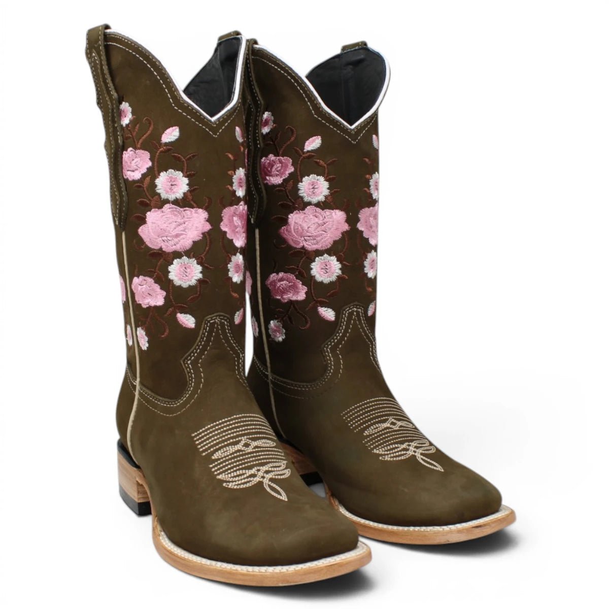 Botas de Gamuza Original Punta Rodeo Cuadrada Cafe con Rosas WD - 442 - White Diamonds Boots