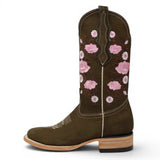 Botas de Gamuza Original Punta Rodeo Cuadrada Cafe con Rosas WD - 442 - White Diamonds Boots