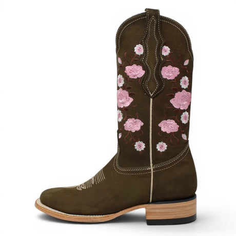 Botas de Gamuza Original Punta Rodeo Cuadrada Cafe con Rosas WD - 442 - White Diamonds Boots